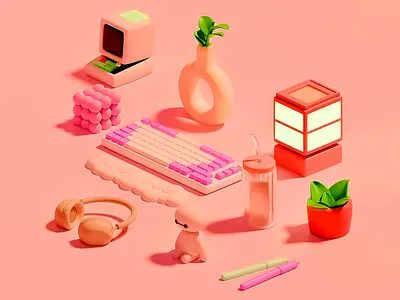 Micro Desk Details- 3D Model 3d 3d art 3d art work 3d design computer desk details details light micro micro living mini miniature pink pink background pink details plant warm colors warm tone