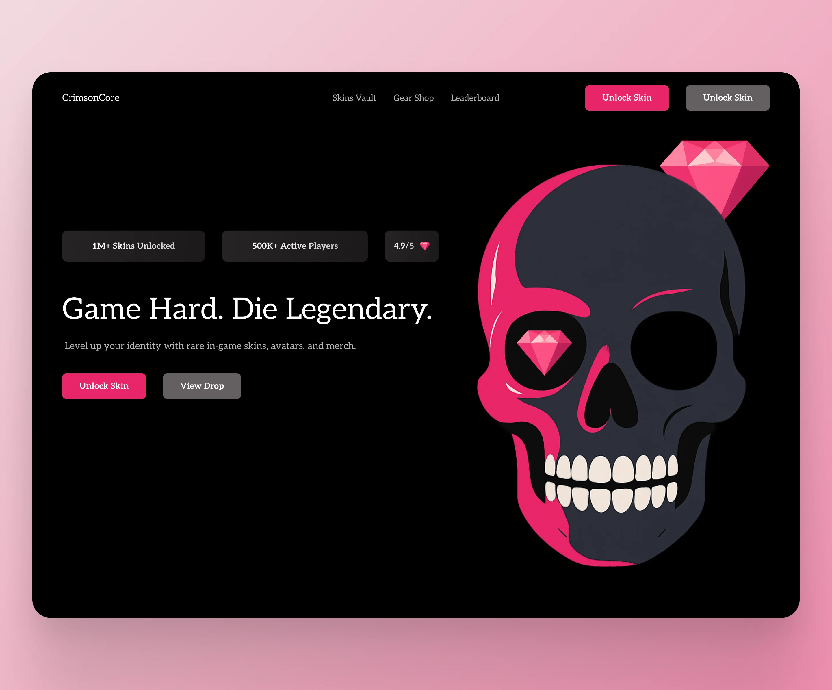 CrimsonCore – UI Hero for a Legendary Gaming Drop branding clean dark darkmode design elegant game gaming hero illustration pink ps ui ux vector