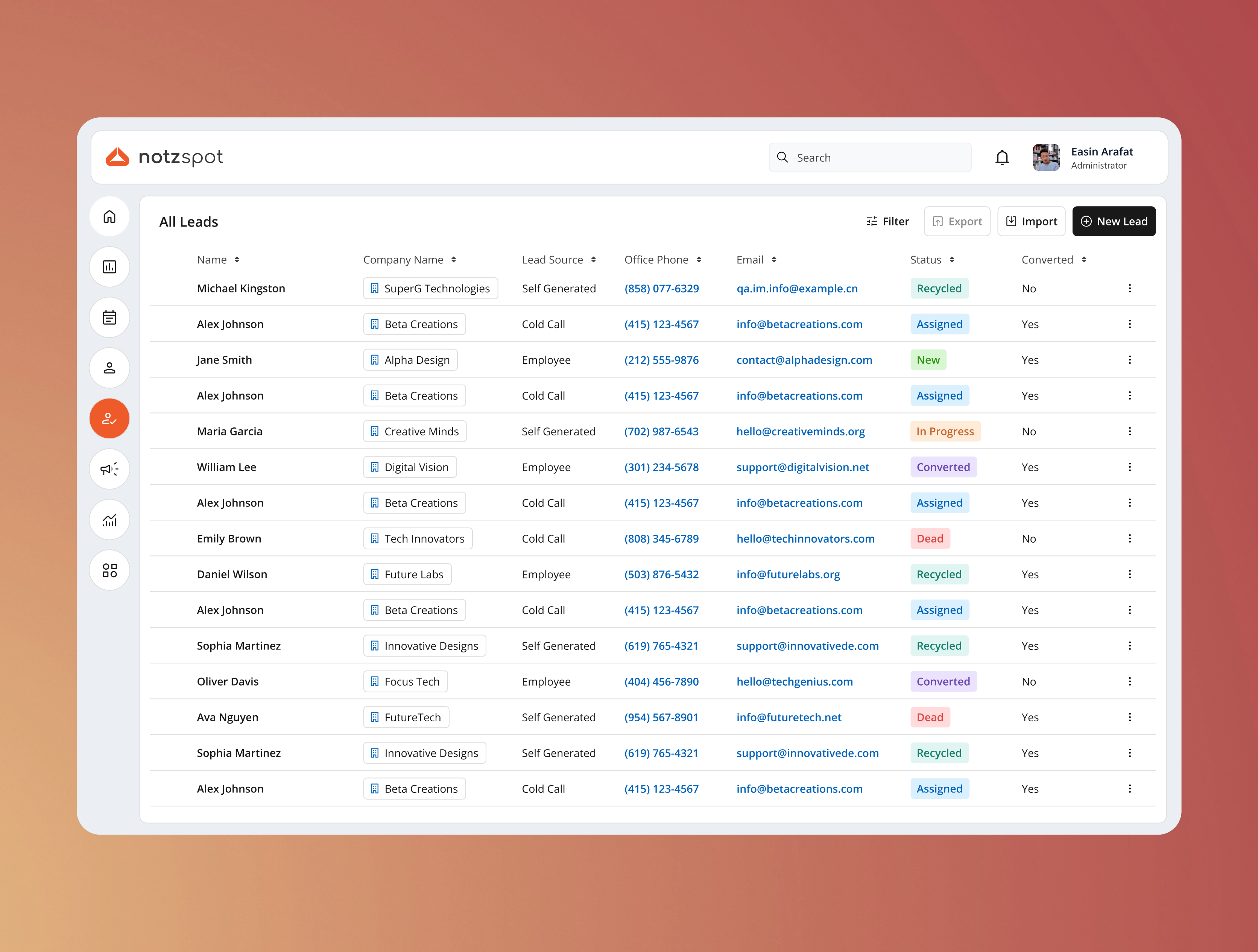 notzspot - CRM Web Application UI branding chart ui crm ui dashboard ui data ui design graphic design lead ui product product design reports reports ui sales ui stats ui ui ui design ux design web ui website design