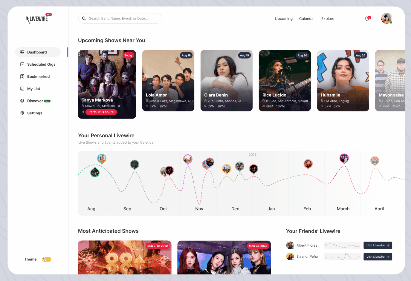 Live Music Show Webapp Concept [ Animated Prototype ] dark mode dashboard interface interface design light mode ui ui design ux ux design