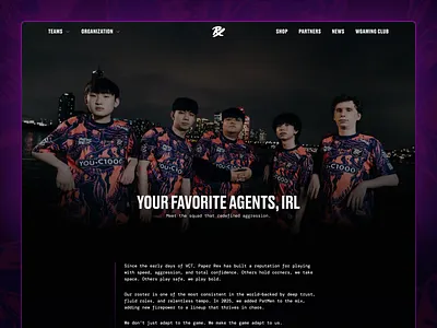 Paper Rex - E-sport Roster Overview Page Design branding dark mode design desktop esports figma gradient illustration paper rex purple ui ux valorant web webdesign