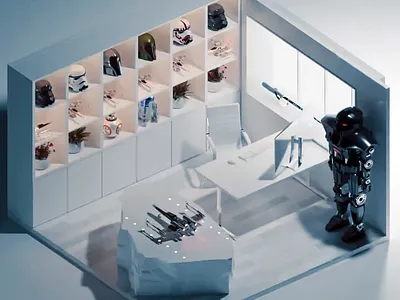Isometric Star Wars Fan Cave 3d 3d modeling 3d rendering cosmic toys creative creative designed design digital art futuristic design graphic design minimalist minimalistic room modern room interior star wars star wars fan toys white white room