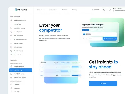 Keyword Gap dashboard - landing page UI bishopi dashboard gradient keyword gap landing modern ui ux