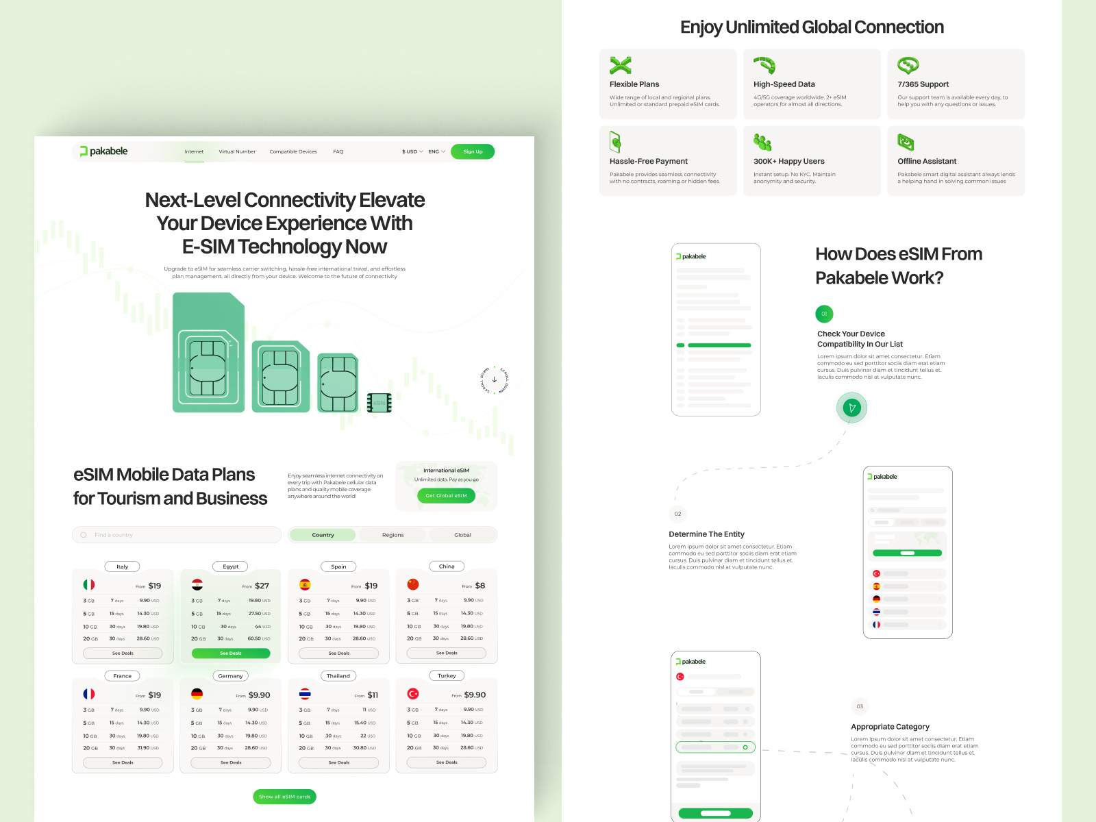 Pakabele - eSIM website card data design esim landing page network provider roaming sim travel ui ux website