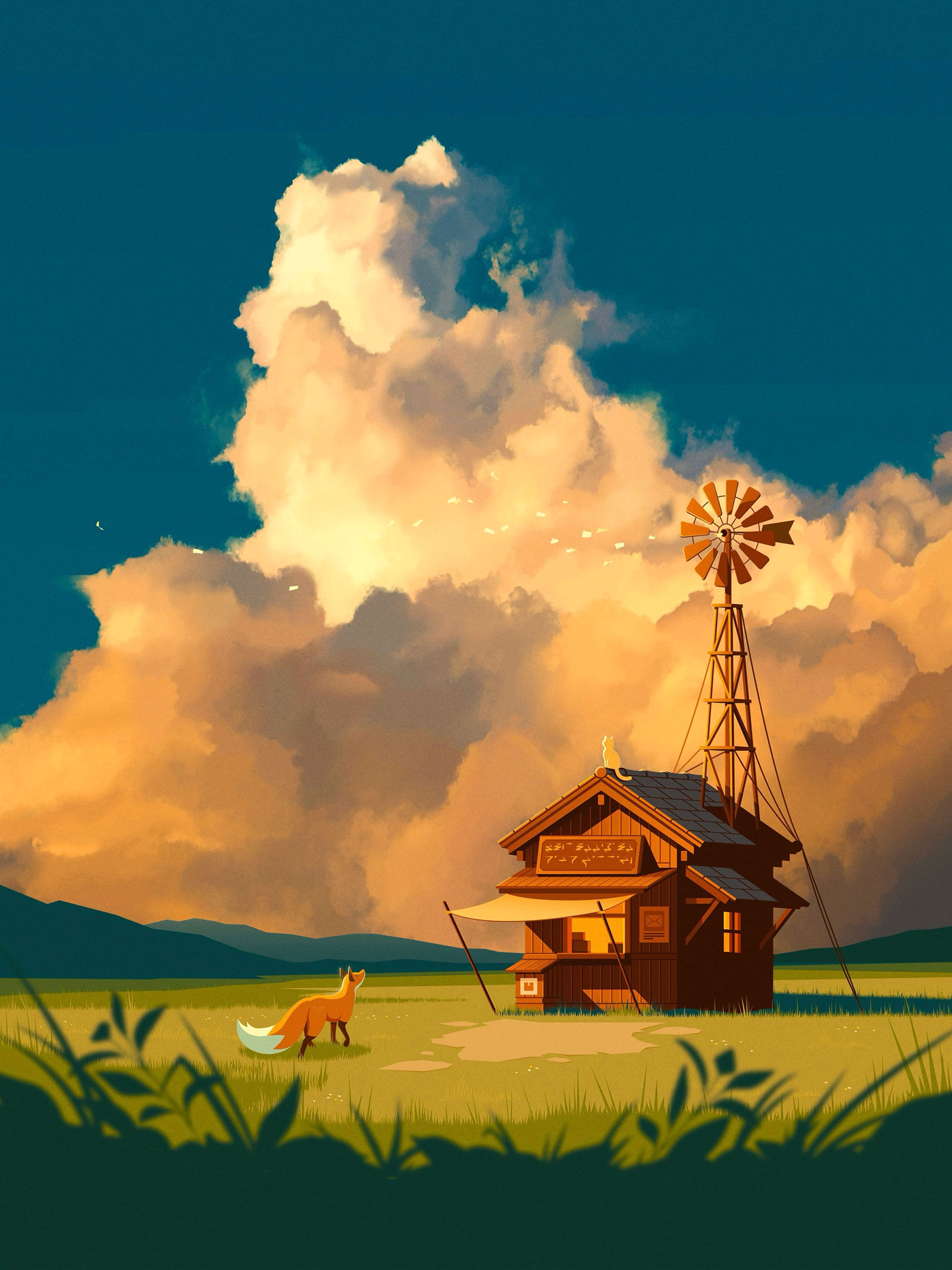 Quinn the Fox & The Post Office of Dead Letters illustration animal character design anime architecture asian art character design childrens book style clouds concept art concet art digital painting fox gaming japanese landscape narrative illustration procreate storybook art sunset vector illustration whimsical illustration