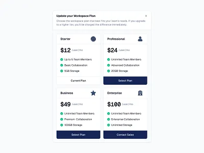 Workspace Plans ✨ design dialog minimal modal plans popup pricing saas ui web design
