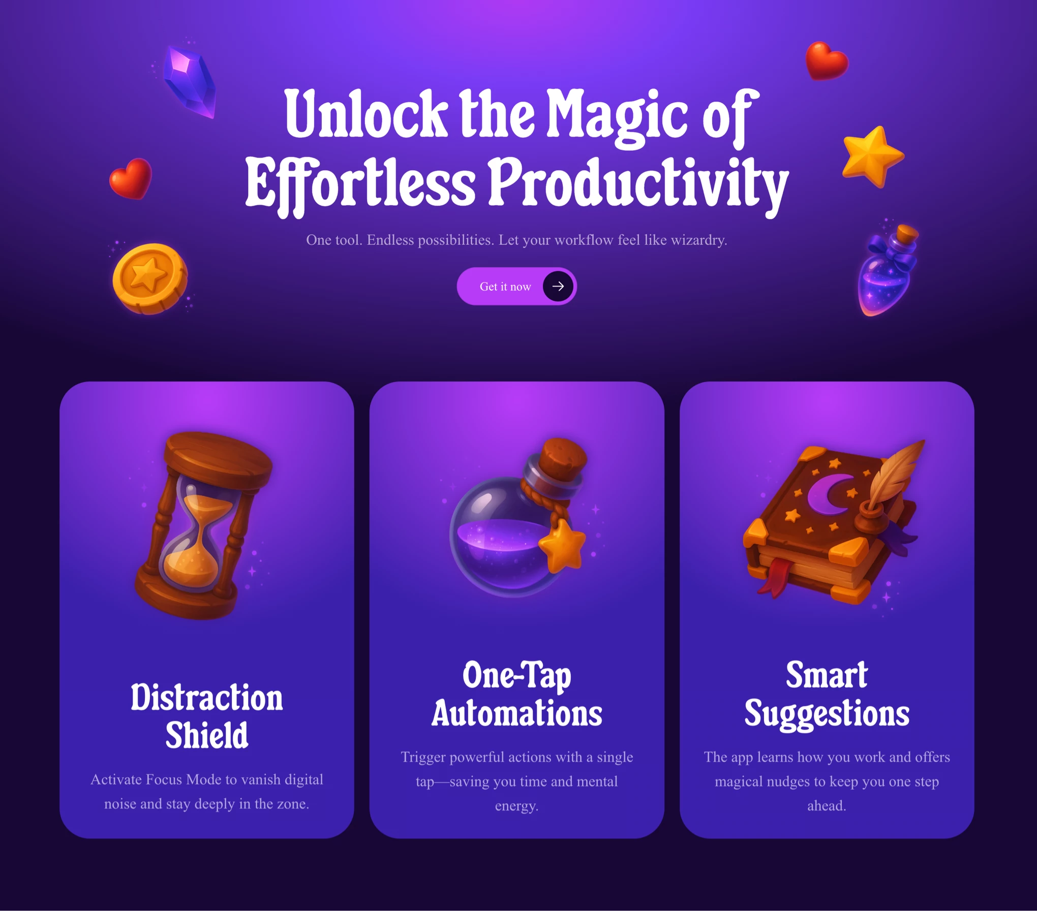 Magic website hero section for Framer 3d cards cta dark fantasy framer game header headline hero icon icons illustration magic purple ui webdesign website