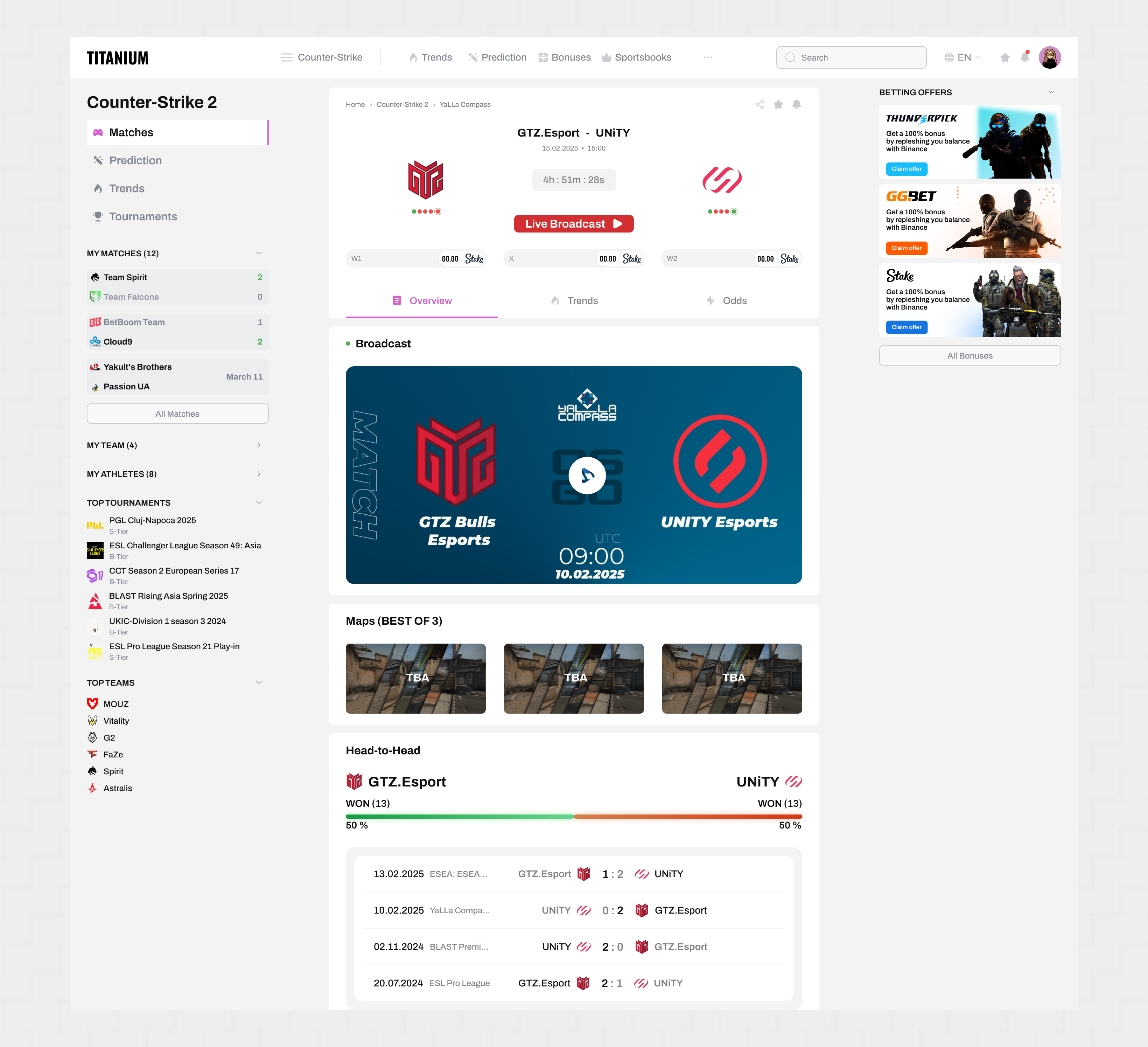 TITANIUM - eSport website bet betting cs2 esport esports game gaming interface landing match page statistics ui ui design