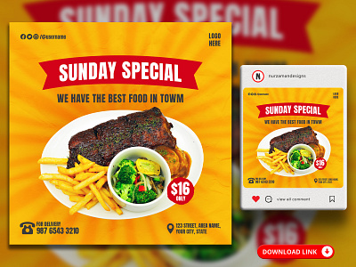 Sunday Special Food Menu Social Media Banner Templates ads design banner food ads food banner food flyer food menu food offer instagram post motion graphics promotional ads red restaurant banner restaurant flyer restaurant template social media sunday sunday offer ui web banner yellow