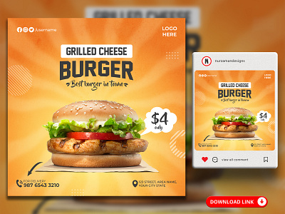 Grilled Burger Menu Social Media Banner Templates ads design banner burger burger banner burger menu burger offer burger template cheese burger food flyer food offer graphic design gril hamburger instagram post motion graphics promotional ads restaurant flyer social media web banner yellow