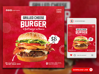 Grilled Burger Menu Social Media Banner Templates ads design animation banner burger burger banner burger flyer burger offer cheese burger graphic design instagram post motion graphics promotional ads red restaurant banner restaurant flyer restaurant menu social media template ui web banner