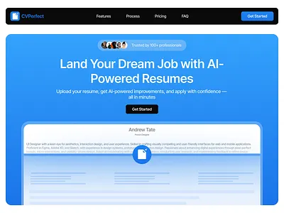 Hero section for an AI resume builder design landing page saas design ui visual design web design