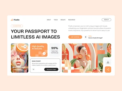 Pixello – AI Image Generator Hero Section Figma ai design inspo ai gen platfrom ai web design creative website digital creators figma asets figma template hero header design image generation ui modern ui design no code template start up website tech landing page ui inspiration ui showcase ui trends uxui design web ui trends