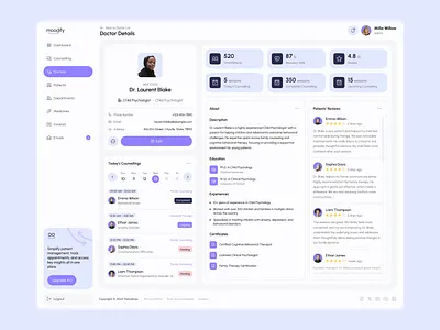 Moodify Doctors Page – Mental Health Dashboard UI Figma doctor dashboard doctor profile ui figma dashboard figma template figma ui design health tech ui medical dashboard mental care ui mental health design mental health ui mental wellness platform therapist directory ui inspiration ui showcase ui trends user centered design ux for wellness wellness app design
