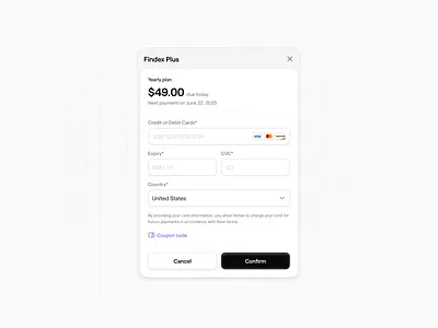 💳 Findex Plus – Payment UI checkoutdesign clean design credit card form dialog minimal ui modal paymentui subscription form ui ui design ux web design