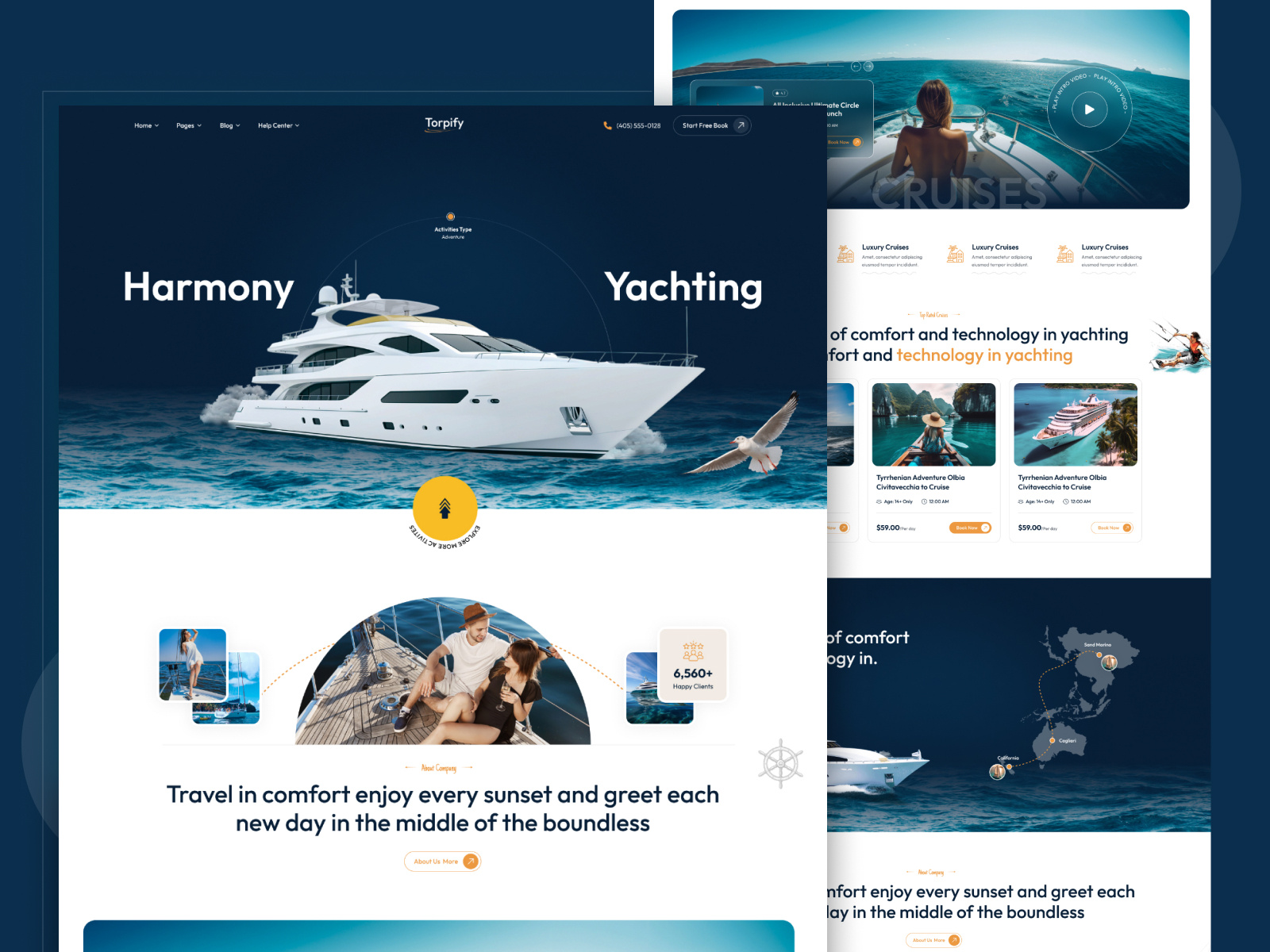 Torpify - Yacht Rental Website Landing Page agency business creative desing landing page marketing modarn modran rental services solutions torpity tour travel trip ui vacation website yacht