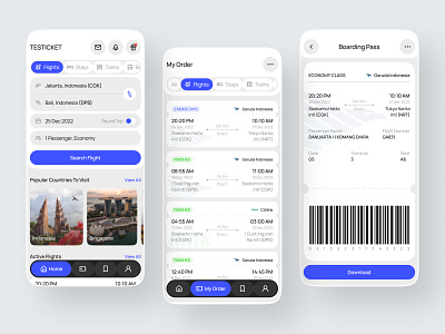 Testicket - Ticket Mobile App boarding pass booking booking app light mode mobile mobile ticket app plane plane ticket public transport ticket ticket app ticket mobile app ticketing train transport transport app ui ui design uiux