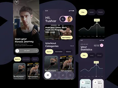 Dark Mode Fitness Tracker UI – Train Smart. Track Smarter. 💪📱 cleanui darkmodeu dribbble figmadesign fitnessapp fitnesstracking healthapp mobiledesign uiinspiration uxdesign workoutapp