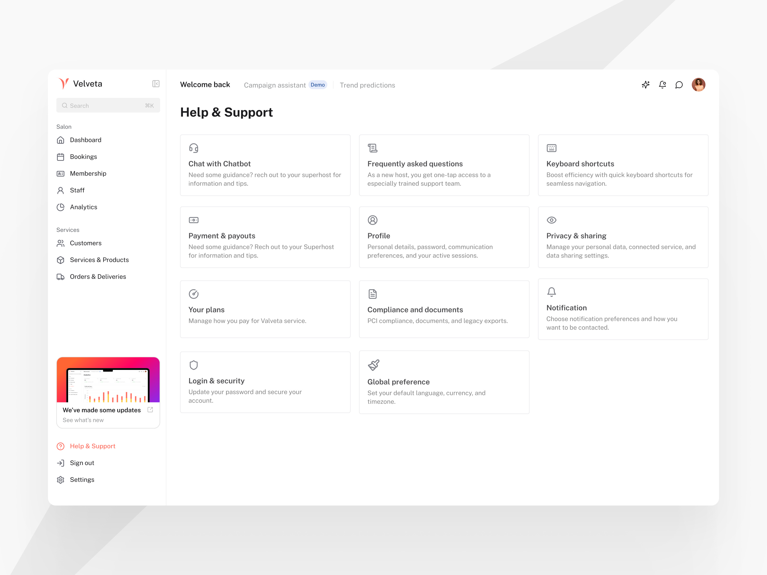 Velveta - Help & Support app card dashboard dekstop help management saas setting support ui uiux ux ux design web