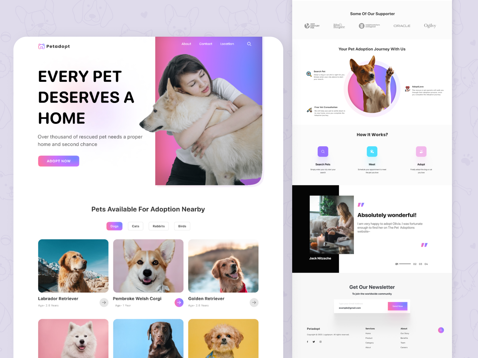 Pet Adoption Website adoption homepage landing page pet pet adoption pet app pet web design pet website petadoption pets adoption ui ui design uiux uiux design ux ux design web app design web design web development website design