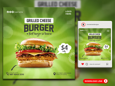 Grilled Burger Menu Social Media Banner Templates ads design animation banner burger burger banner burger flyer burger menu burger offer cheese burger food ads food banner food menu green instagram post promotional ads restaurant banner restaurant flyer restaurant template social media web banner