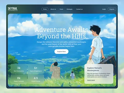 Skytrail Journeys Page (Ghibli Style) adventures ai ai image blue creative design dribbble ghibli ghibli style hills illustration interface logo sky tours trekking ui ux web website