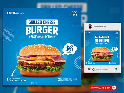 Grilled Burger Menu Social Media Banner Templates ads design animation banner blue burger burger ads burger banner burger flyer burger menu cheese burger graphic design instagram post logo motion graphics promotional ads restaurant banner restaurant template resturant flyer social media web banner