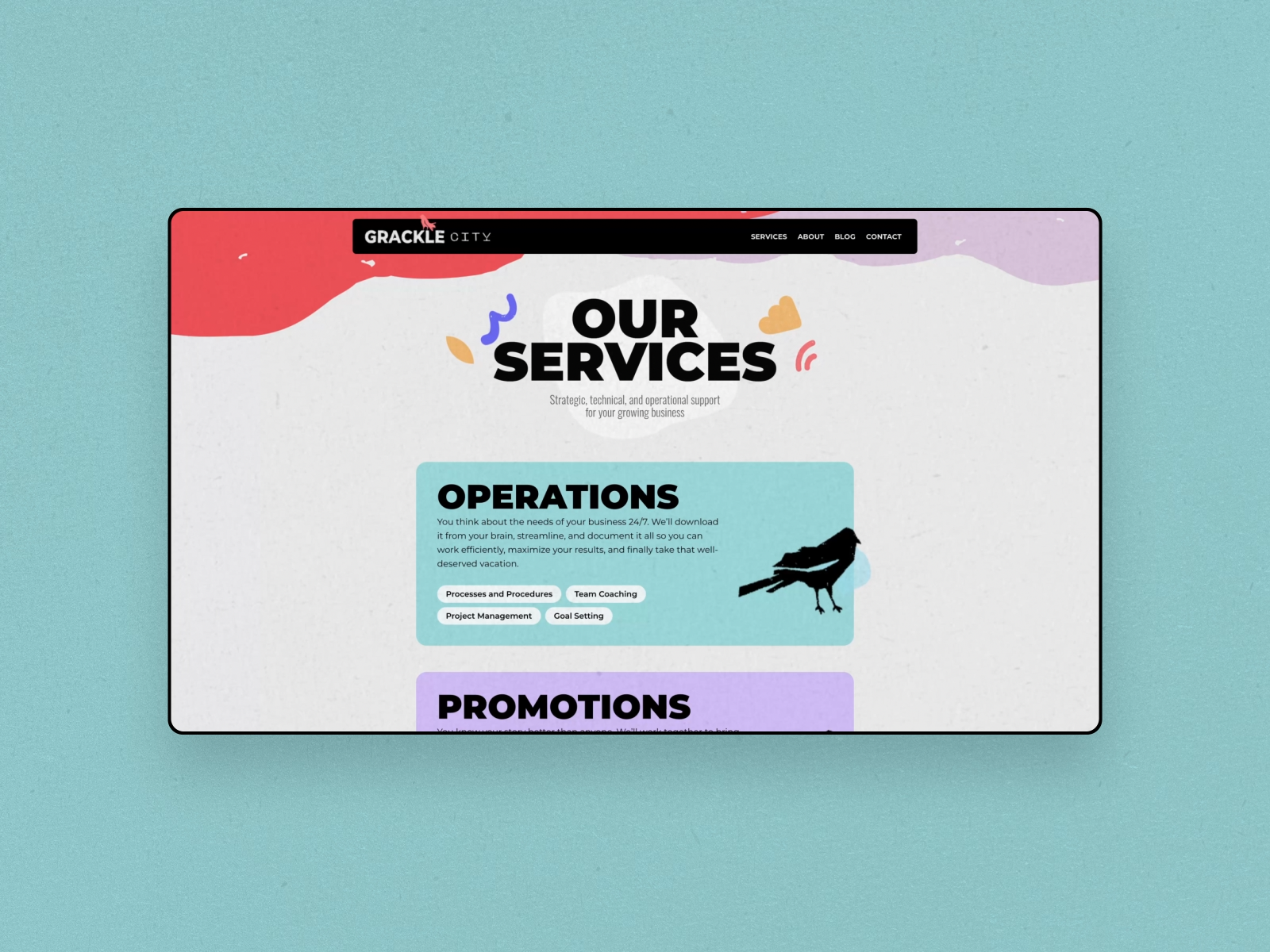 Grackle City Website agency boxes bright colorful friendly icons landing page overlay quirky services shapes slides sliding studio website design