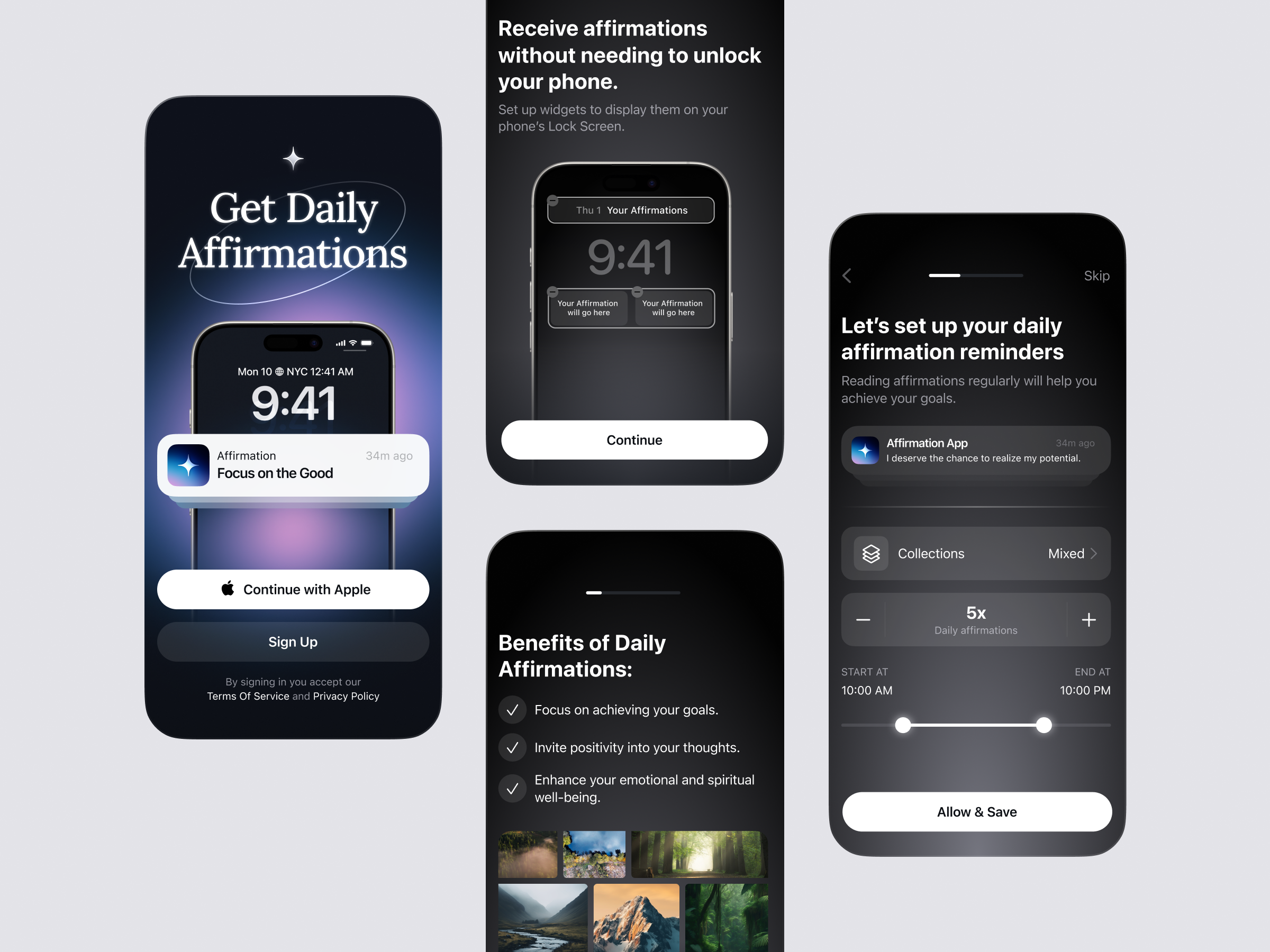 Affirmation App Onboarding affirmation app app store dark design focus ios iphone login mobile mockup notifications onboarding reminders selfcare signup ui ux widgets сalm