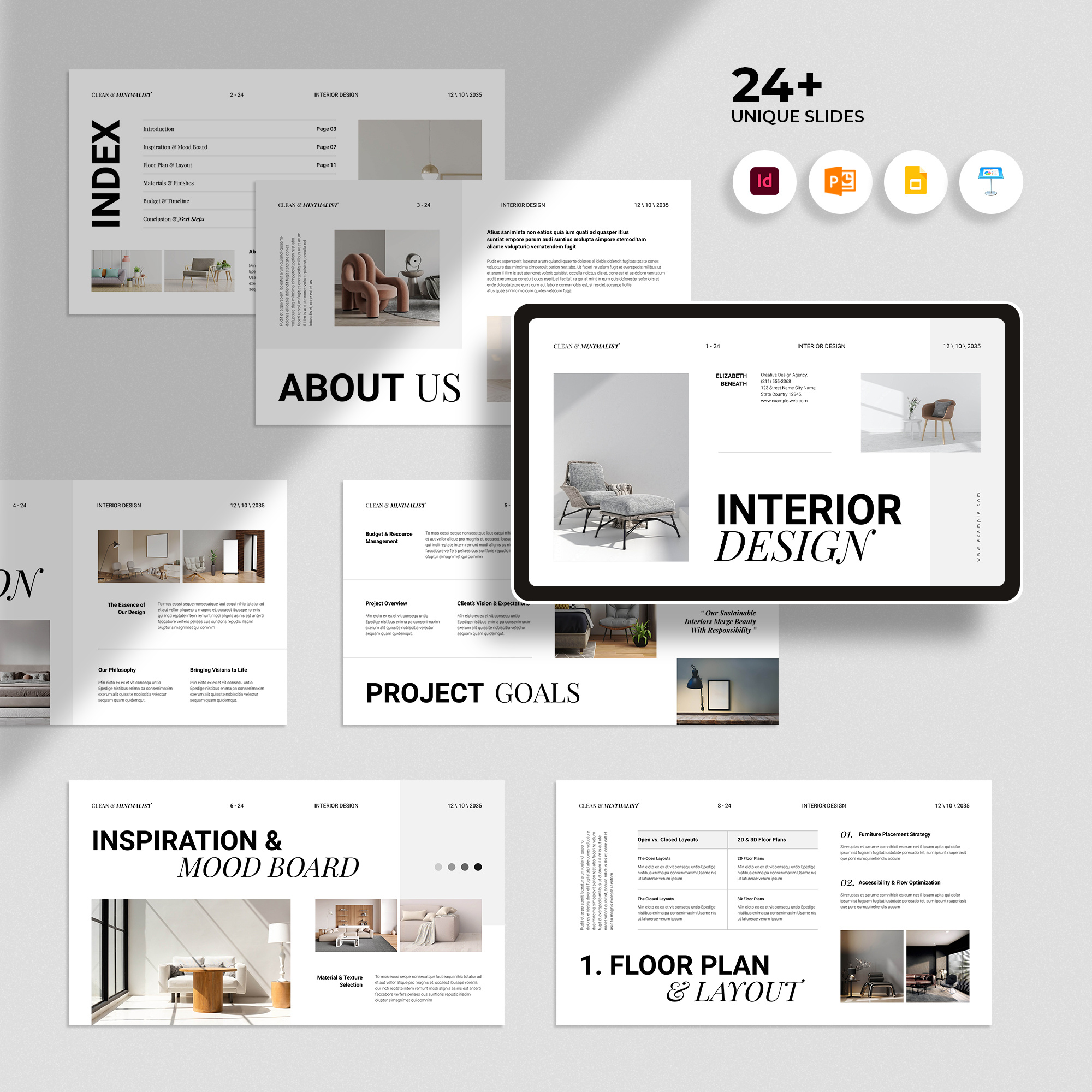 Interior Design Presentation Template agency architect art decoration brand branding business catalog clean graphic design graphic template home interior interior design minimal pitch deck presentation template project simple vector visual