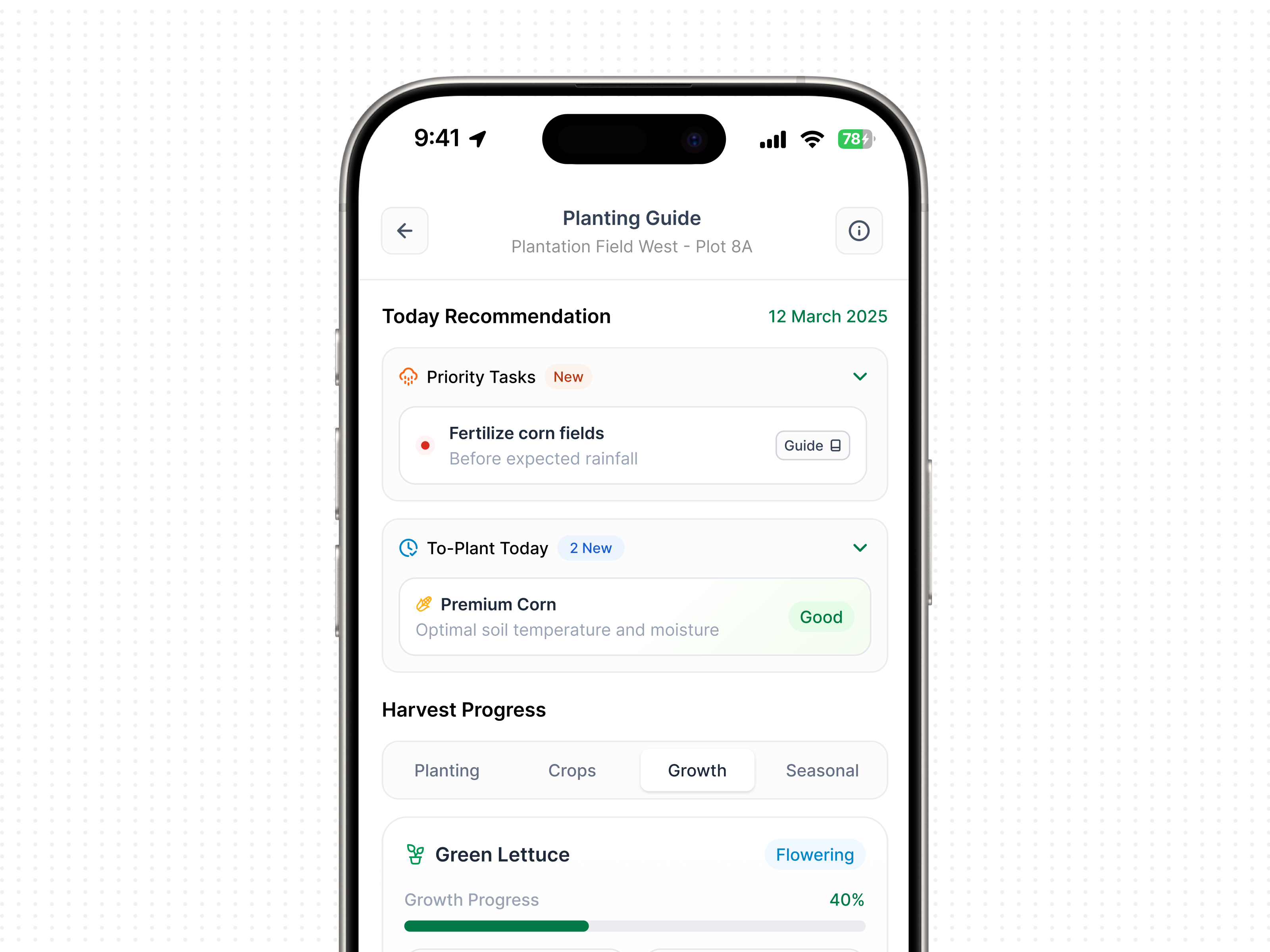 Planting Guide Concept agriculture ai app apple assistant clean design farming ios ios design mobile monitoring motion graphics saas ui ux white