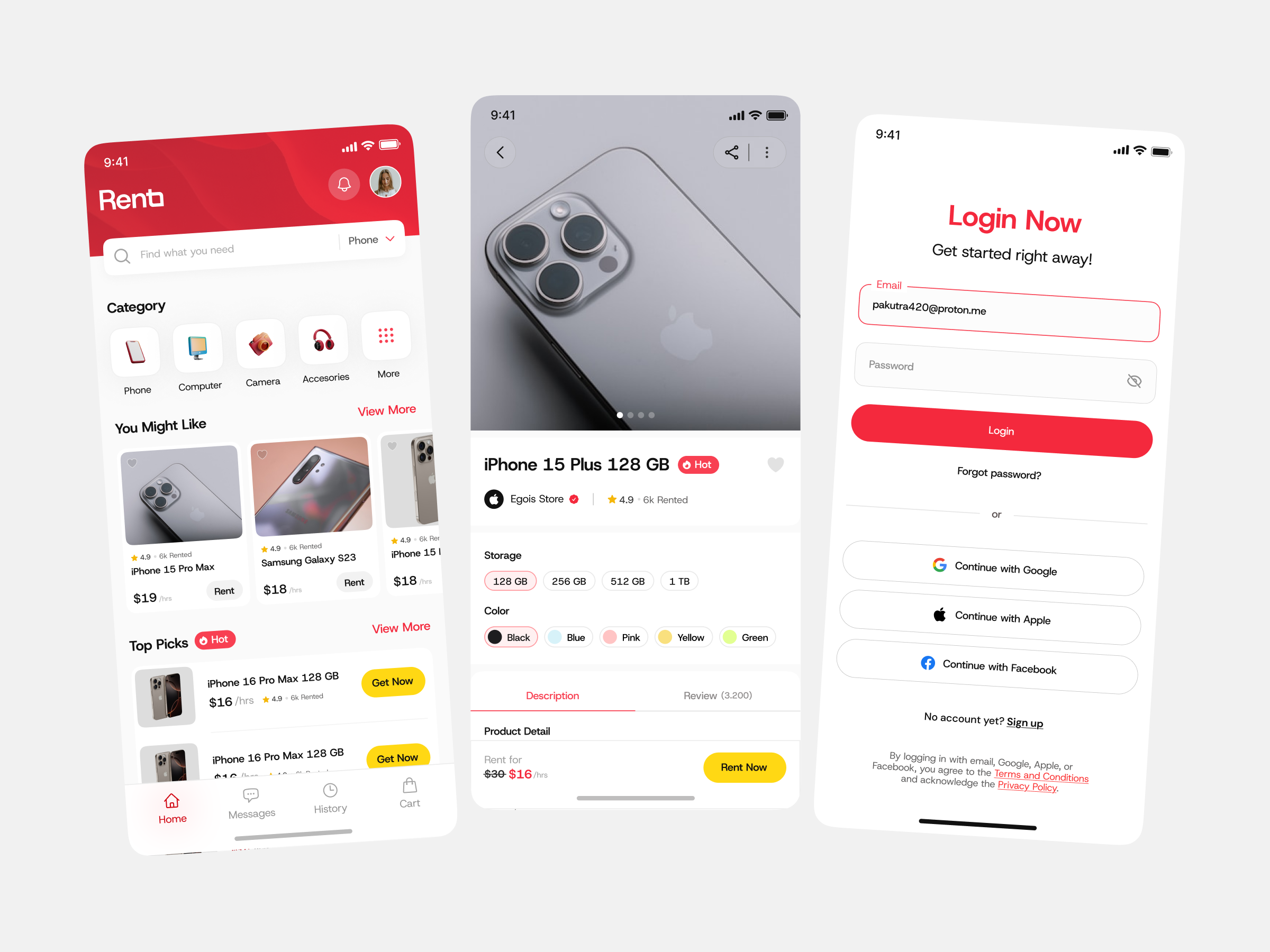 Rento - Rental Marketplace (Home, Product Details, Login) graphic design home screen iphone login screen mobile product details smart phone ui uiux