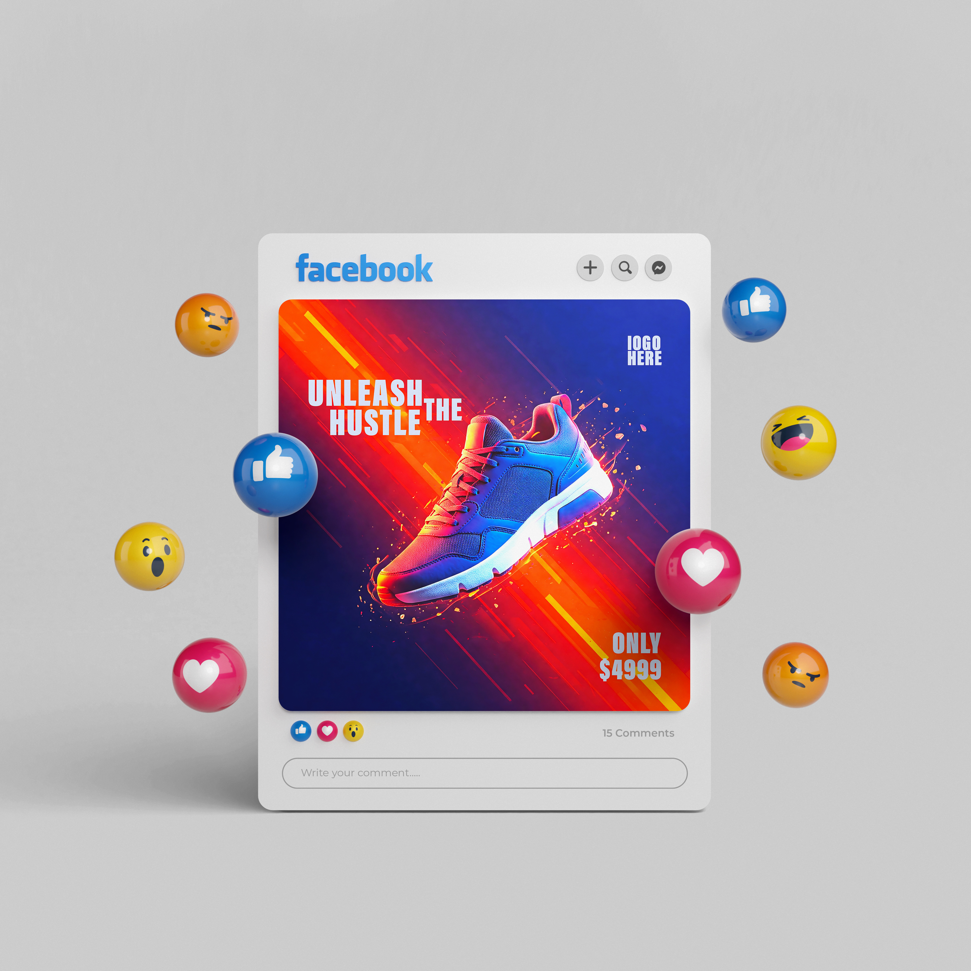 Facebook Ad Design—Dynamic Shoe Promotion Post advertising branding design ecommerce ad design facebook ad design graphic design product promo poster promotional ads social media design social media post