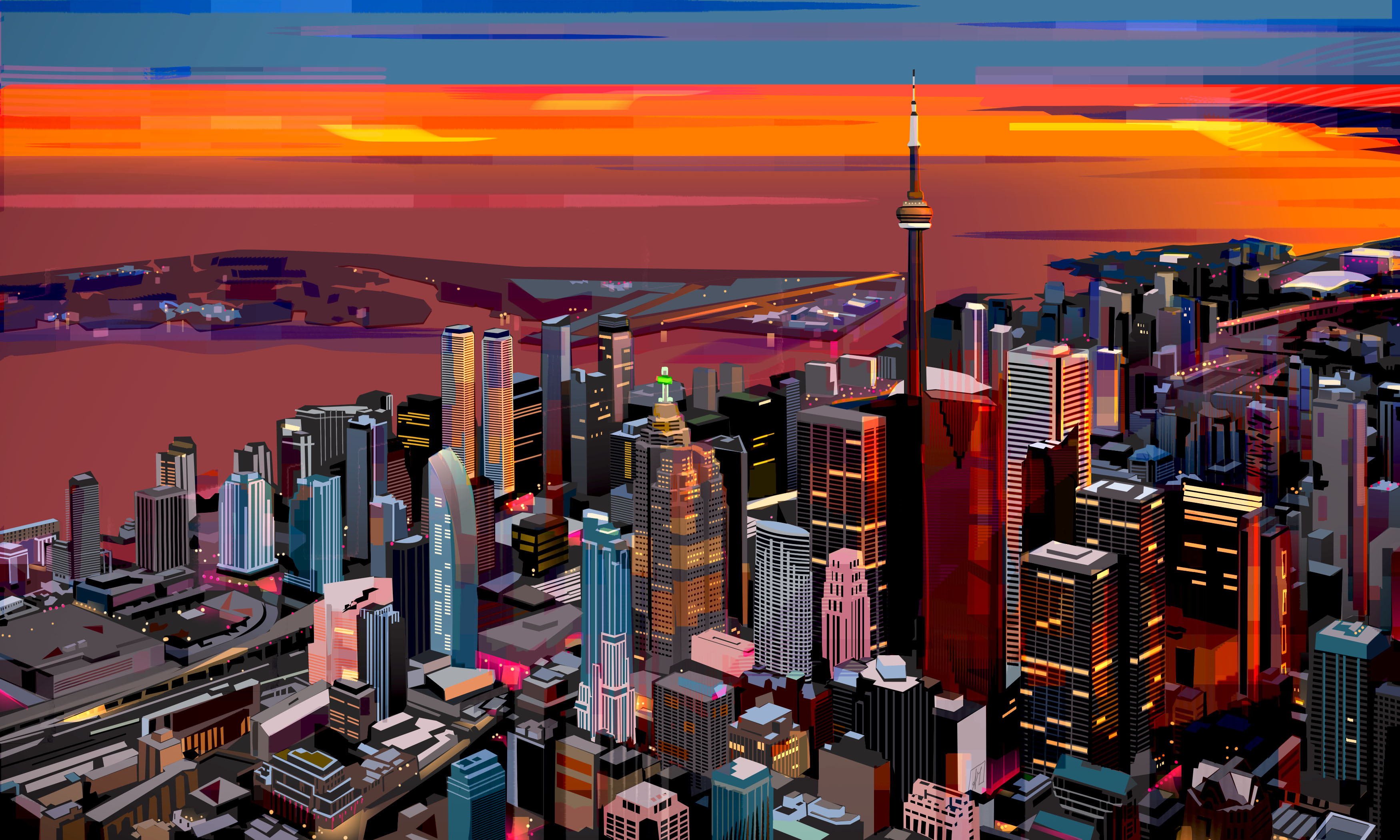Sunset on the lake city colourful gta illustration print sunset toronto vector