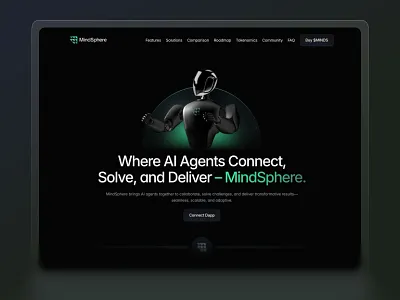 MindSphere | Landing Page Design for AI Agent Platform 3d asset 3d hero 3d robot animated hero animation crypto landing page dark design dark hero dark mode figma framer futuristic hero section landing page product design robot token site ui ux web3