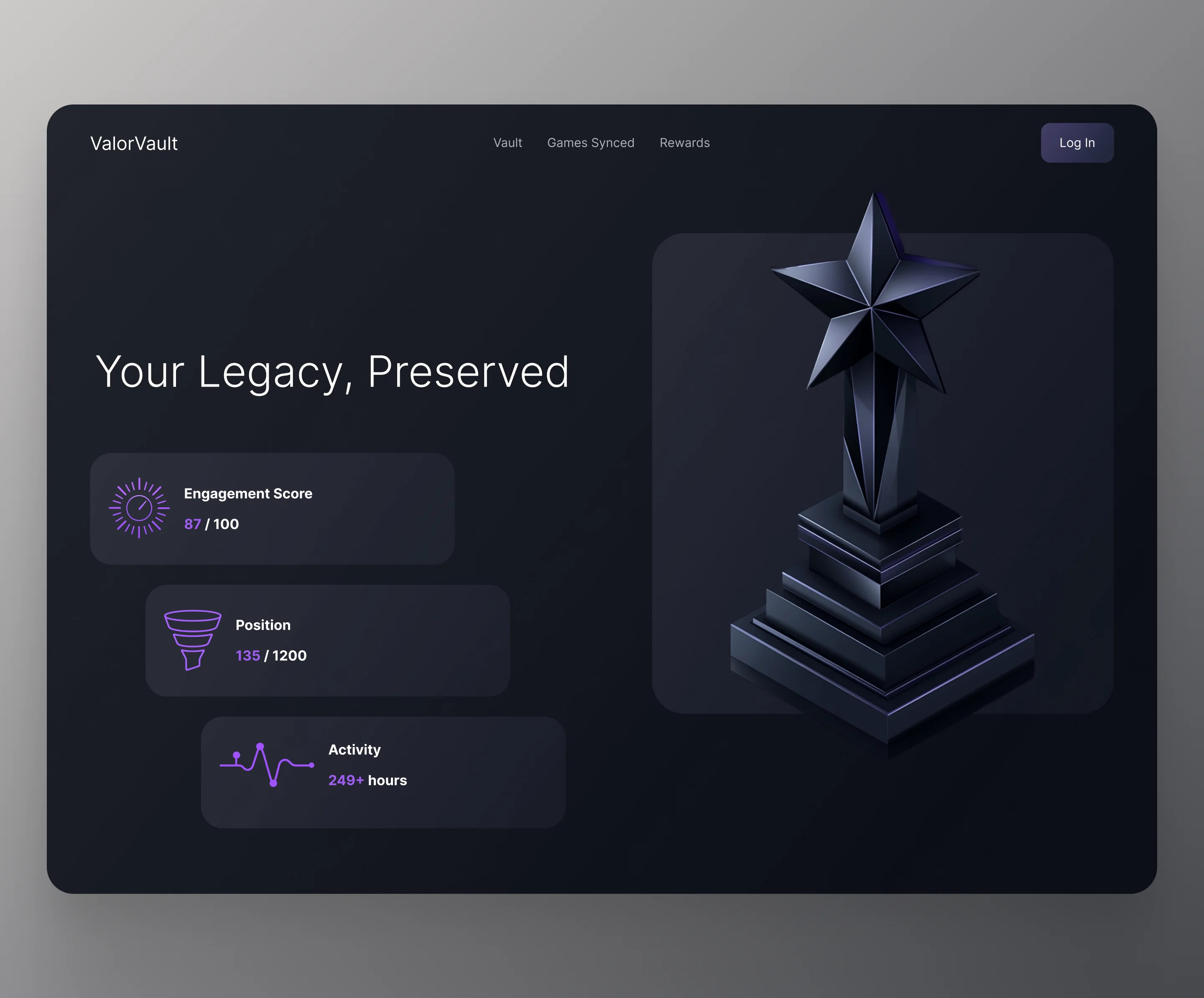 ValorVault – Legacy Stats Dashboard UI branding clean dark dark mode design elegant game graphic design illustration trophy ui ux vector