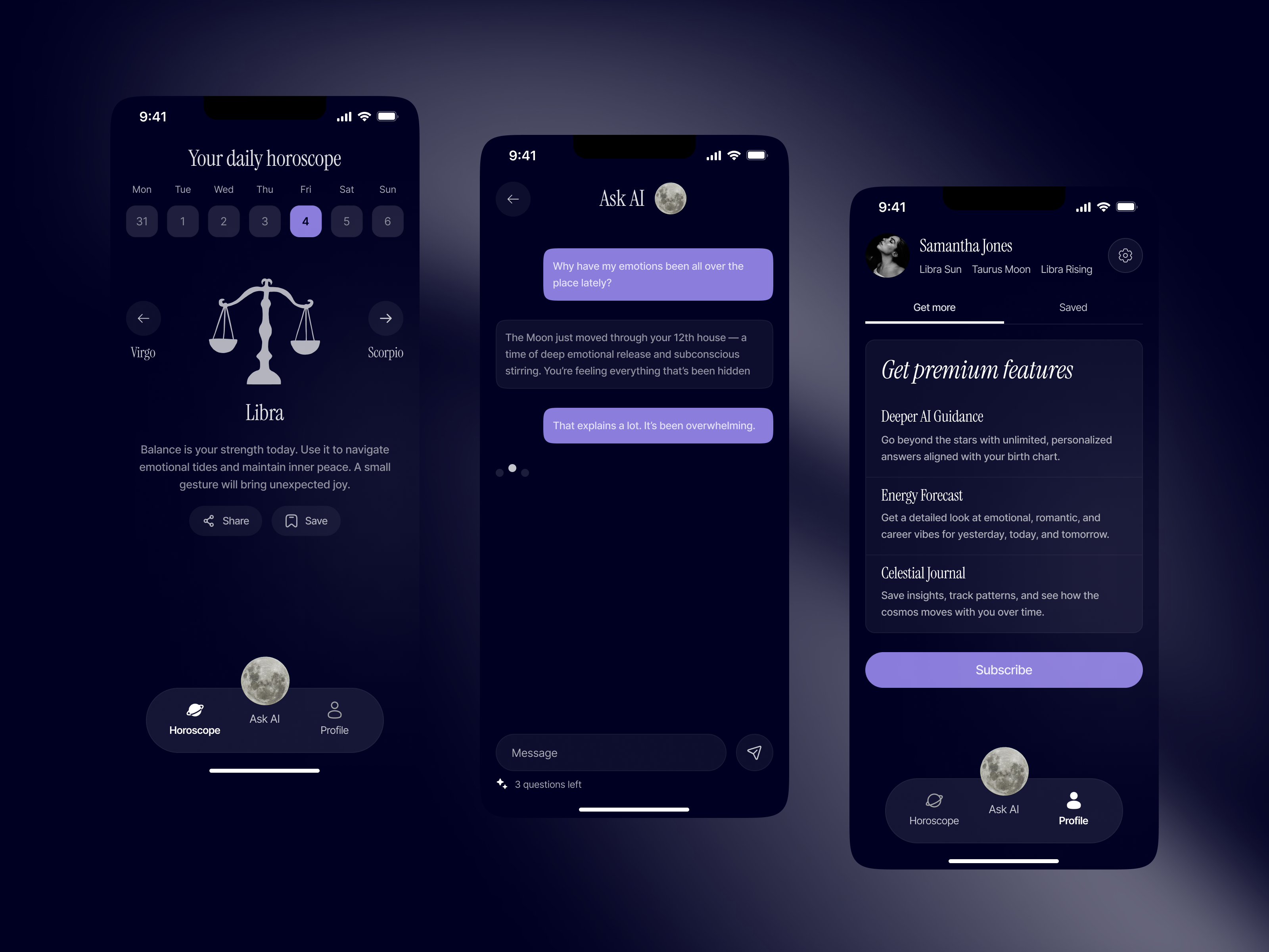 Astrology App - Your daily horoscope, premium plan, chat with AI ai ai chat ai chatbot astrology astrology app calendar view clean design dark mode gradients mobile app premium premium features premium plan serif font ui ux zodiac signs