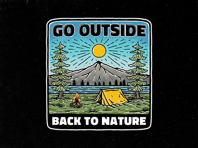 Go Outside & Back to Nature adventure camp campfire camping cartoon design forest graphic design illustration lake mountain nature sunshine