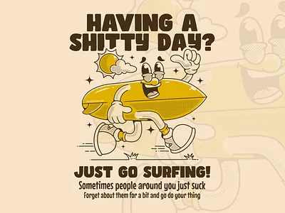 Having a shitty day? Running surfboard character good vibes