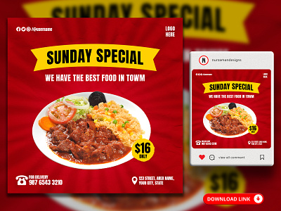 Sunday Special Food Menu Social Media Banner Templates ads design animation banner food banner food flyer food menu food template graphic design instagram post promotional ads red restaurant flyer restaurant menu restaurant template social media sunday sunday menu sunday offer ui web banner