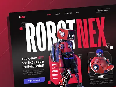 NFT Marketplace Website - ROBOTNEX 3d ai blockche clean crypto dark desktop marketplace minimal nft nftart robot trend ui uiux ux web web3 website