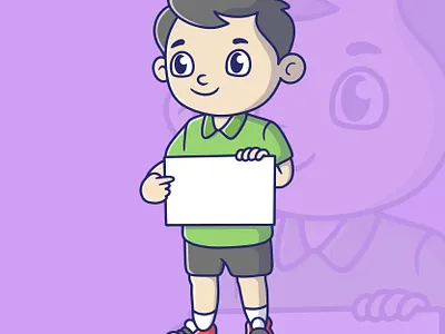 Cute Cartoon Boy Holding Blank White Board cheerful boy