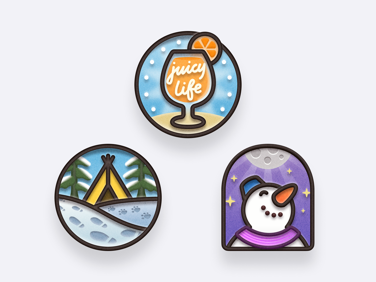 Badges ⛺️🍹⛄️ apple watch badge footprint graphic design grow icon illustration juice lettering moon night orange paw skeuomorphic snow snowman stars sticker tent winter