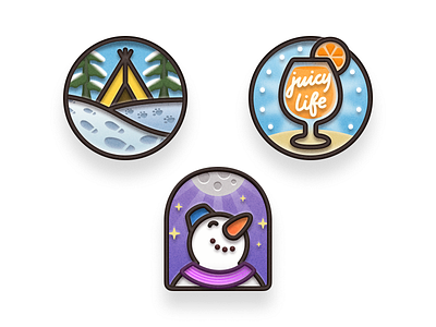 Badges ⛺️🍹⛄️ apple watch badge footprint graphic design grow icon illustration juice lettering moon night orange paw skeuomorphic snow snowman stars sticker tent winter