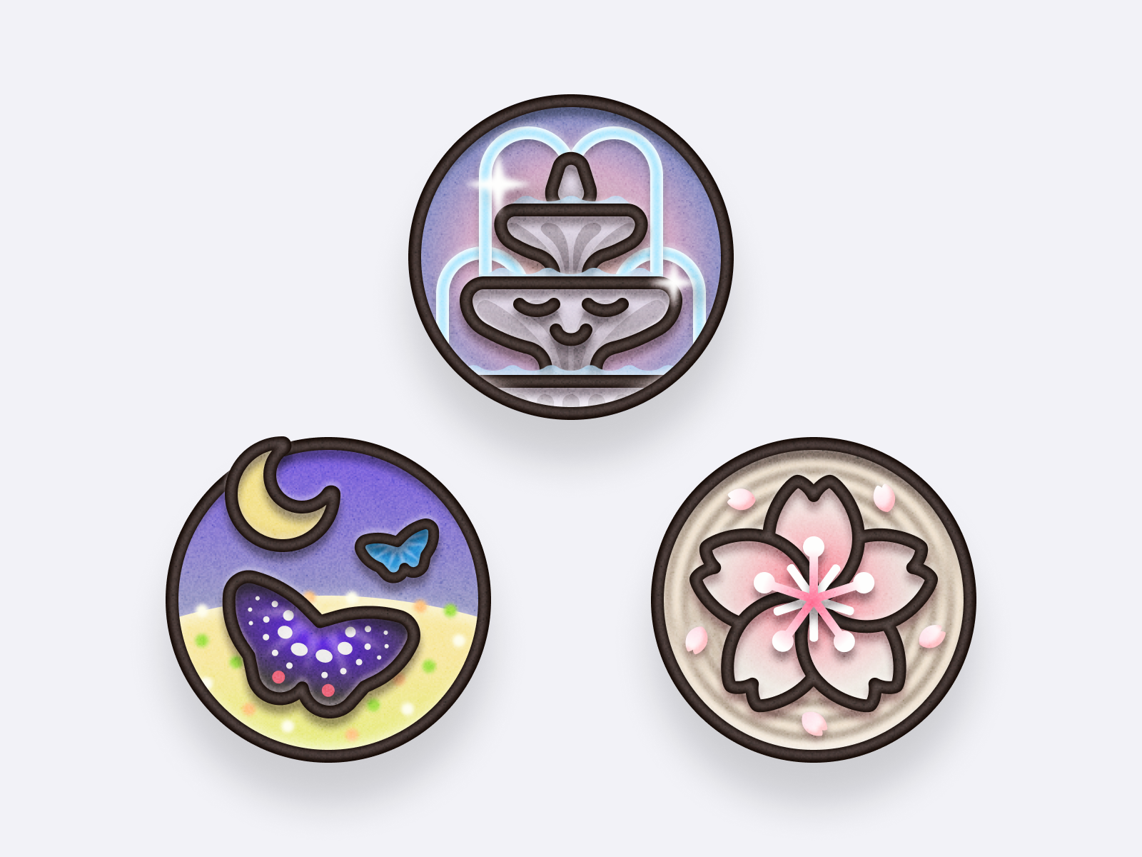 Badges 🌸⛲️🦋 3d icon apple watch badge butterfly cherry blossom cute field fountain graphic design grow illustration karesansui meditation moon petal sand skeuomorphic spring sticker zen garden