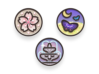 Badges 🌸⛲️🦋 3d icon apple watch badge butterfly cherry blossom cute field fountain graphic design grow illustration karesansui meditation moon petal sand skeuomorphic spring sticker zen garden