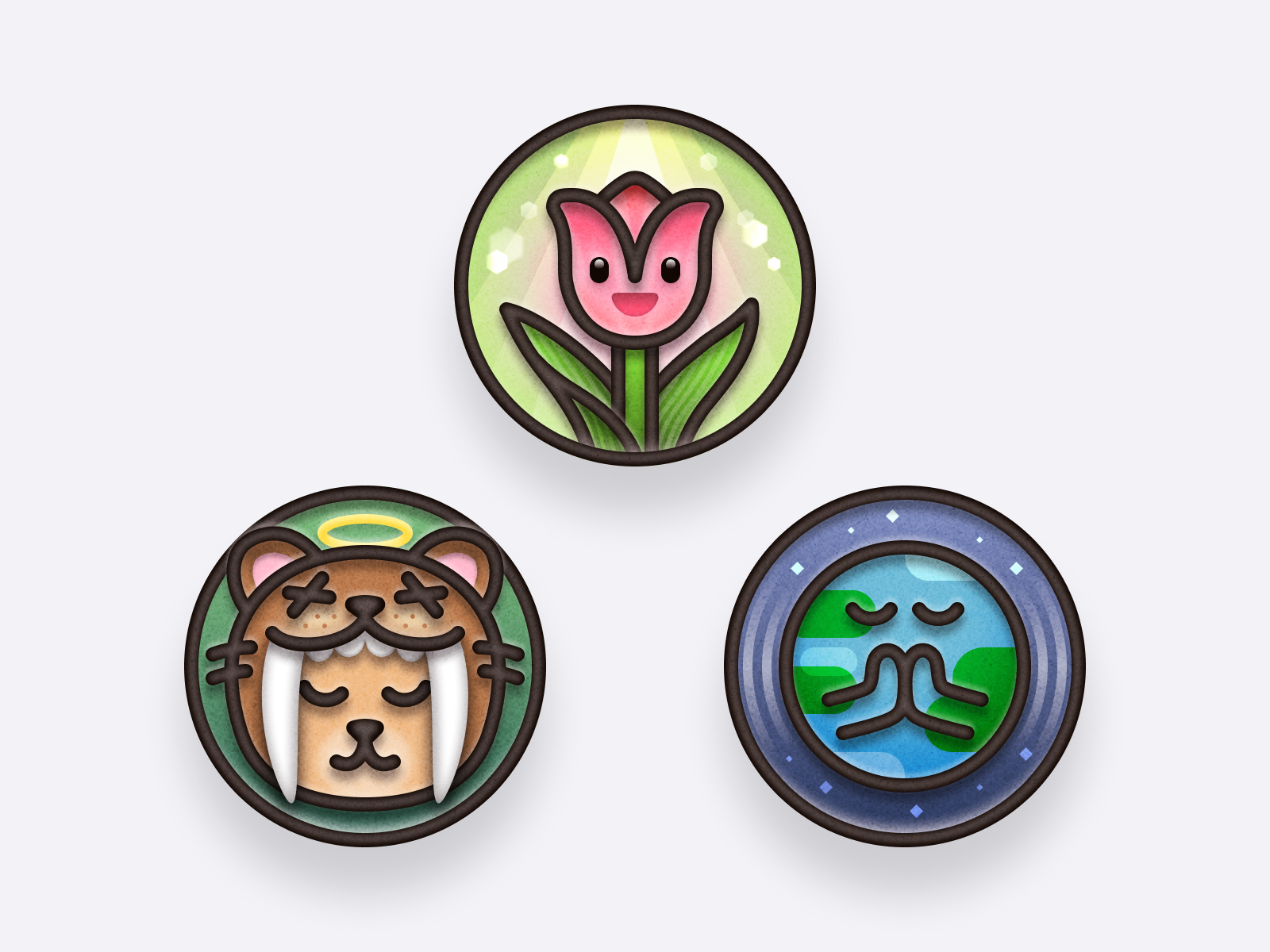 Badges 🌷🐯🌏 3d icon apple watch badge cat earth flower graphic design grow hat illustration meditation nature ray sabertooth space sticker sunshine tiger tulip universe
