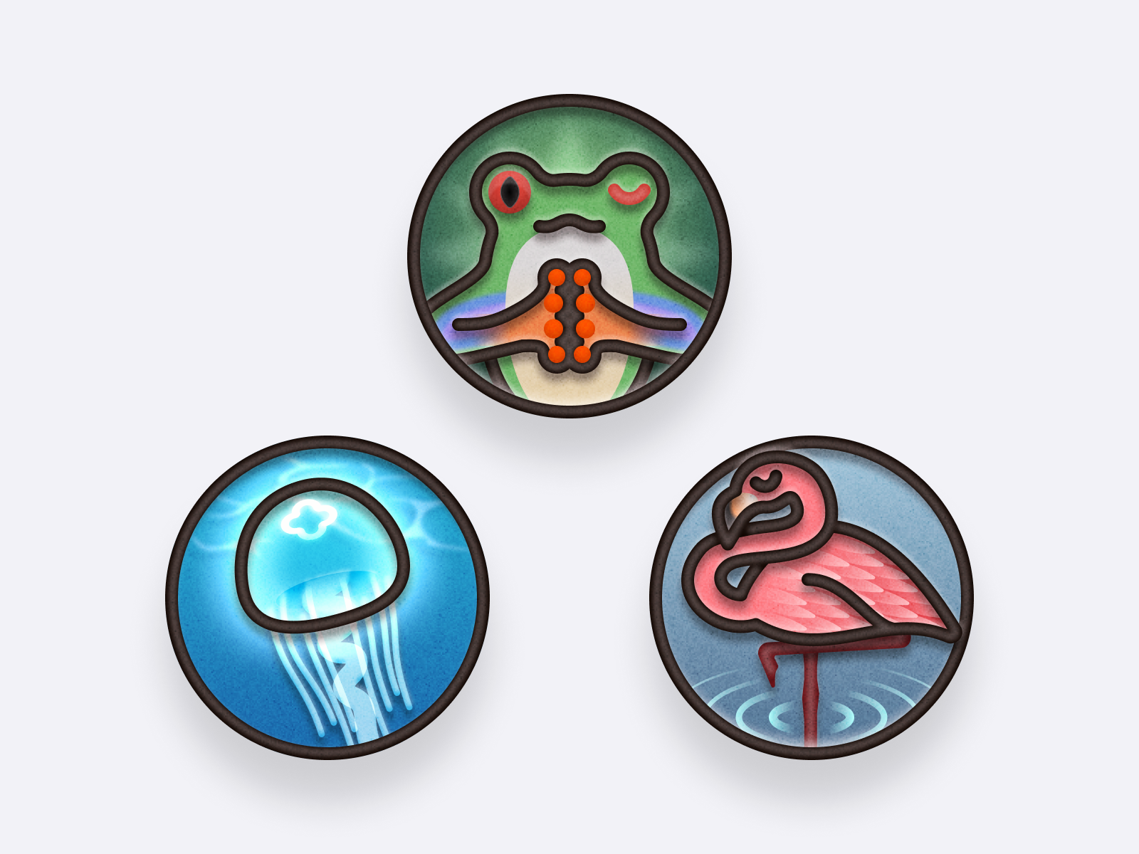 Badges 🦩🪼🐸 3d icon apple watch badge bird blue feather flamingo fluorescent graphic design grow illustration jellyfish meditation ocean pink red eyed frog sleep sticker swim transparent