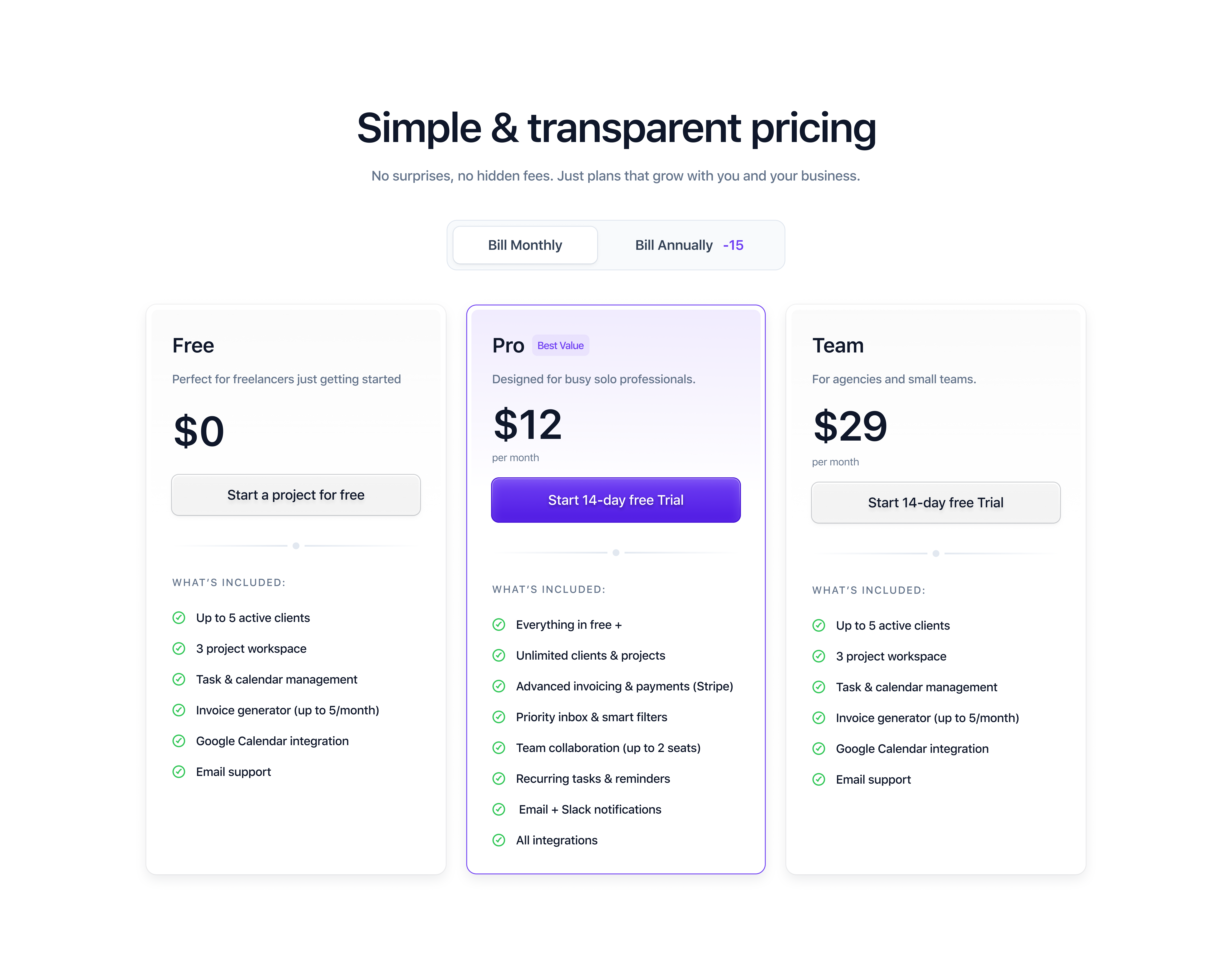 Crysta - Pricing design landing page management minimal mvp paid price pricing product project saas task transparent ui ux web web design website white