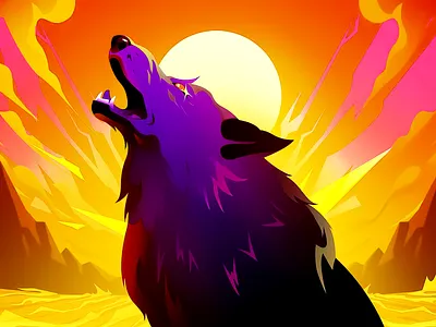 Illustration - Howling Wolf Under Fiery Sky animal power art artwork blazing sunset burning mountains colorful wilderness cosmic energy dramatic sky epic landscape fantasy animal fierce nature fiery sky howling wolf illustration majestic wolf roaring fire surreal scene vivid colors wild spirit wolf illustration